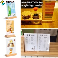 SUYO Menu Display Stand, with Wood Base Double Sided Table Top Sign Holder, High Quality Acrylic A4/A5/A6 Picture Card Frame Restaurant
