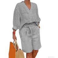 NEW Womens Summer 2 Piece Outfits Deep V Neck Linen Top and Shorts Aesthetic Clothes Set Trendy Clot