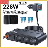 228W Fast Charging Car Charger 12-24V 9 in 1 USB PD Socket Splitter With Retractable PD45W Type C Ch