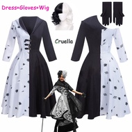 Cruella De Vil Cosplay Costume 2 Styles Women Gown Black White Maid Dress Outfits Halloween Party