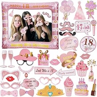 ORUZA 18th Birthday Photo Props, 33 Pieces Pink Photo Booth Props Decoration Accessories, Birthday A
