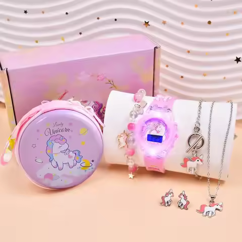 Fashion Exquisite Luminous Unicorn Series Silicone Watch + Unicorn Bracelet Set