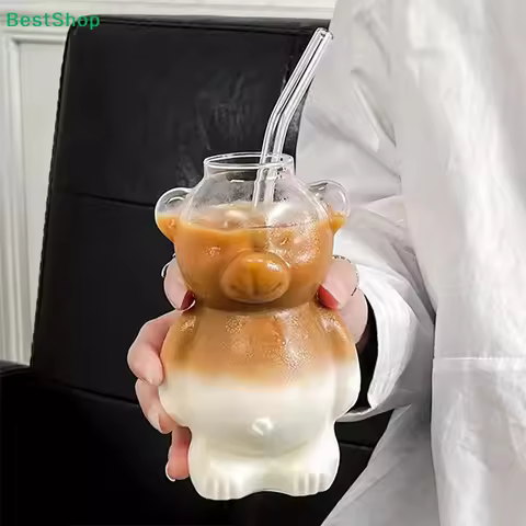 〔Q〕2pcs Cute Bear Glass Cup With Straw, Glass Teddy Bear Cup, 12oz Glass Cup, Beer Wine Cocktail Dri