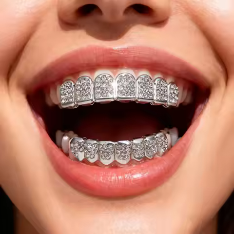 HipHop Silver Teeth Set Diamond Encrusted Braces Street Dance Party Body Decorations Vampire Water D