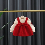 Korean Princess Dress for Baby Girl 6-24 Months Cotton Long Sleeve Top + Vest Suspender Bow Red Dress 2pcs Set Christmas Kids Dress 1-4 Years Old Fashion Wedding Birthday Clothes