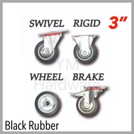 HEAVY DUTY BLACK RUBBER Caster Wheel 3" (75MM) SWIVEL/RIGID/BRAKE CASTOR/CASTER ROLLER RODA TROLLEY WHEEL
