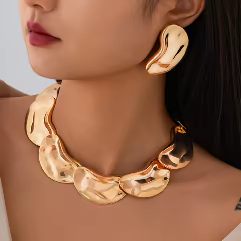 Ingemark Exaggerated Irregular Metal Pea Chain Necklace Stud Earrings for Women Vintage Adjustable C