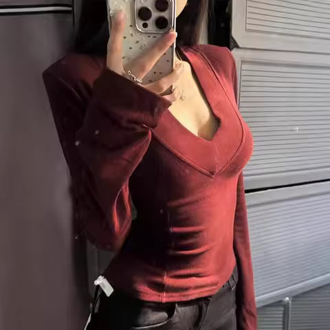 Cashmere Pit Strip Double-sided Brushed V-neck Bottoming Shirt Long-sleeved T-shirt Women's Pure Lus