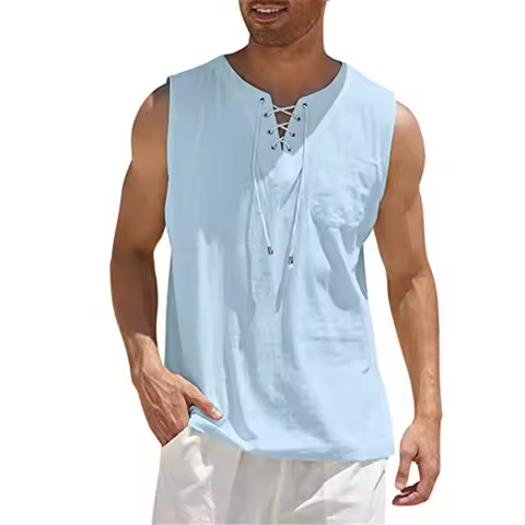 Oversized S-5XL Men's Vests Summer O-Neck Sleeveless Solid Cotton Linen Lace Up Pocket Loose Tank To