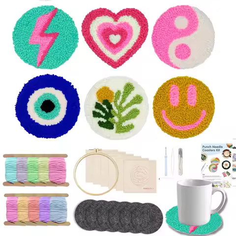 Punch Needle Coaster Kit for Beginners Easy Punch Needle Embroidery Kit Tool Threader Fabric Hoop Ya