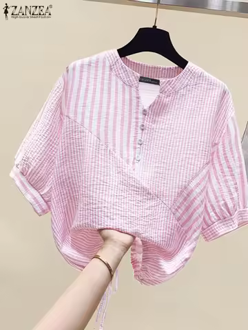ZANZEA Summer Elegant Striped Shirts Women OL Work Blouse V Neck Half Sleeve Casual Loose Tops Draws