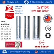 [TAIWAN] AOK 1/2 Inch DR Star Deep Chrome Socket Box 8-32MM; 6PT; 12PT; Toyo; Soket Panjang; Segi Du