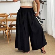 Plus Size Women's Casual Wide Leg Pants, Elastic Waist With Pockets, Suitable For Commuting, Daily W
