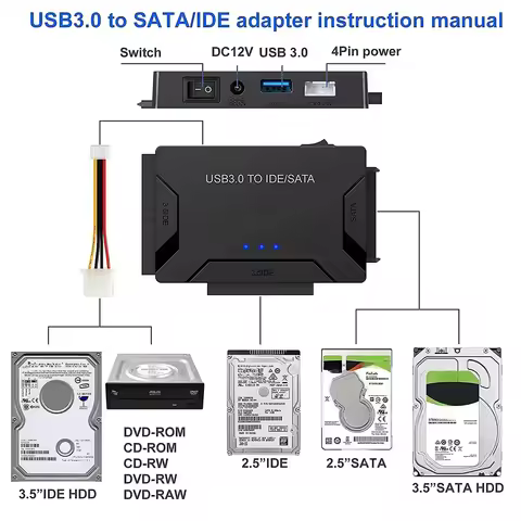 SATA/IDE to USB 3.0 Adapter Hard Drive Adapter Cable Converter for 2.5/3.5 Inch SATA and IDE HDD Sup