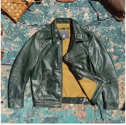 CC Shop Top.Slim fit,Classic Rider real tanned leather coat.Vintage green leather jacket.Washed soft
