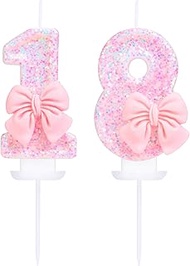 EAKE Number 18 Candle Pink Sequins and Bowtie 18th Cake Topper, 18 Birthday Candle for Girls Pastel 