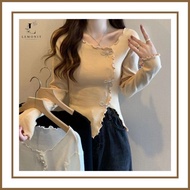 Lemonit XDW Women's Top Button Top Knit Contemporary | Asymmetric Top Women's Knitted Top Korean Style | Women's Shirt Button Rip Knit Premium Korean Style