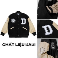 Bomber jacket bóng chày DAVIES nỉ kaki đen phối tay be form rộng 2 lớp thêu logo phong cách đường ph