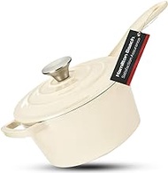 Hamilton Beach Enameled Cast Iron Sauce Pan 2-Quart Gray, Cream Enamel coating, Pot For Stove top and Oven Cooking, Even Heat Distribution, Safe Up to 400 Degrees, Durable, HAR113CR