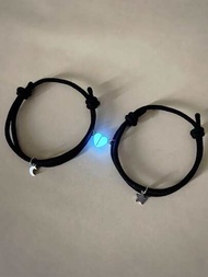 2 piezas/set Pulsera de cuerda miedoso brillante en oscuro magnético con corazón &amp; accesorio de estrella para pareja para decoración diaria