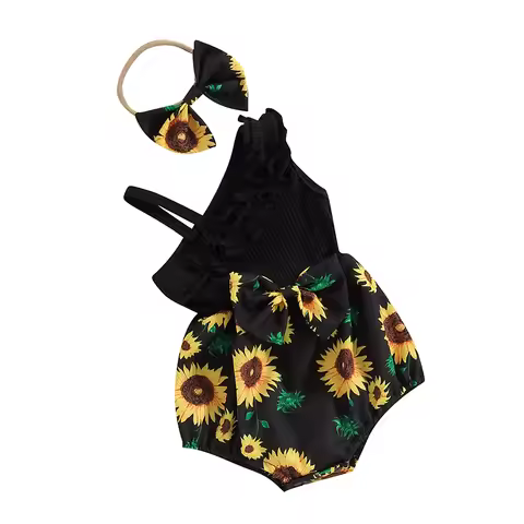 Pudcoco Baby Girl 2 Piece Outfits Sunflower Print Asymmetrical Sleeveless Romper Headband Set Cute F