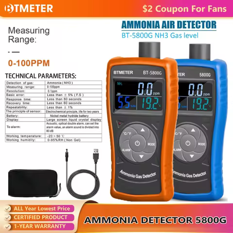 Ammonia Air Detector 5800G Monitor NH3 Gas Level W/Alert, 0-100ppm Particle Meter with USB Recharge