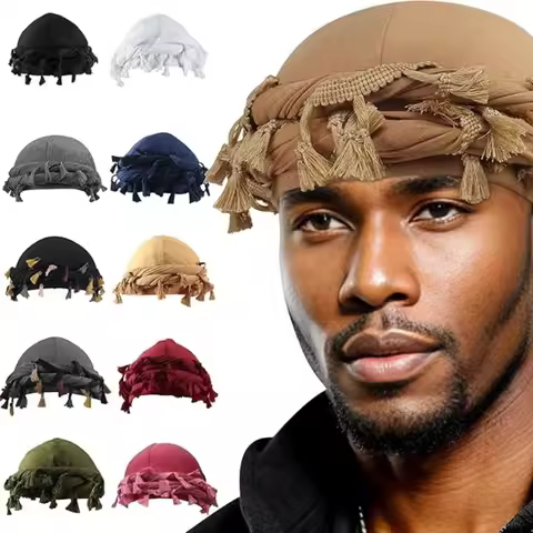 Babalet Halo Turban for Men Women Satin Lined Durag Head Wraps Skull Cap Pre-Tied Tassels Braid Bean