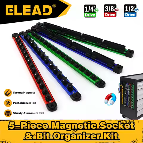 ELEAD 5-Piece Magnetic Socket & Bit Organizer Kit, 1/4" 3/8" 1/2" Aluminum Rail, Holds 40 Sockets & 