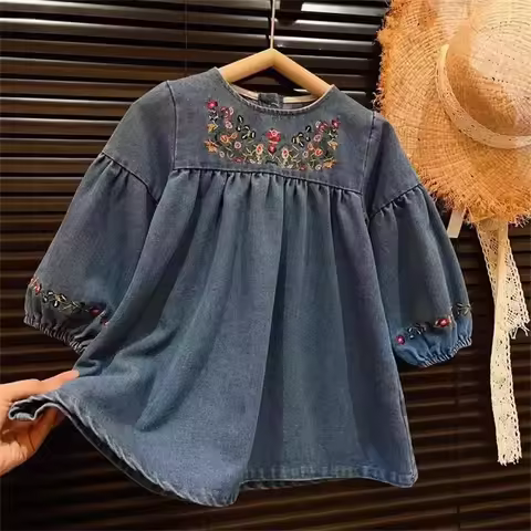 2024 Spring Autumn Skirt Fashion New Korean Girls Cowboy Embroidered Long Sleeve Dress Girls Casual