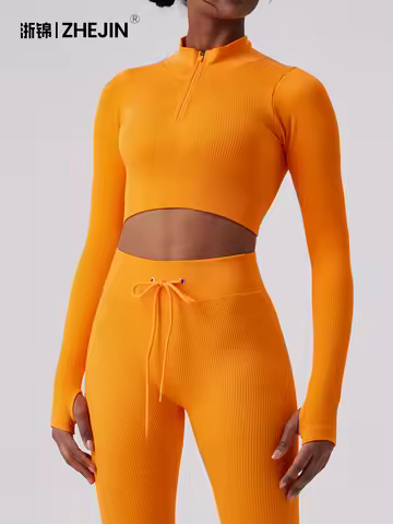 ZHEJIN Seamless Ribbed Long Sleeve Crop Top Women Half Zip High Neck Yoga Shirt Gym Workout Tights T