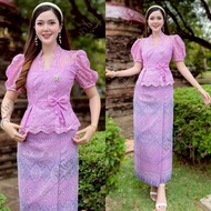 KK-ZG (Sold Separately) set Of 2 Pieces Long-Sleeved White Lace Shirt Ready-Made Sarong Blue Thai Pa