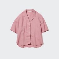 🔴九成新✨ Uniqlo | 女裝 亞麻 混紡 開領襯衫 短袖 襯衫 粉色 XL 👉滿額免運👈