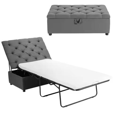 Folding Ottoman Sleeper Bed w/Mattress Convertible Guest Bed Grey