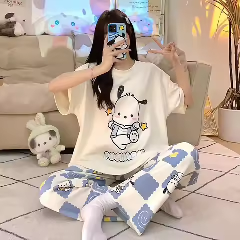 Sanrio Sleepwear Women's Summer Sweet and Cute Cartoon Short Sleeved Pants Set Summer Women's Loose