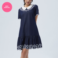 EP ชุดเดรสสั้น ปักลายหัวใจ ผู้หญิง สีน้ำเงินเข้ม | Heart Embroidery Short Dress | 04818