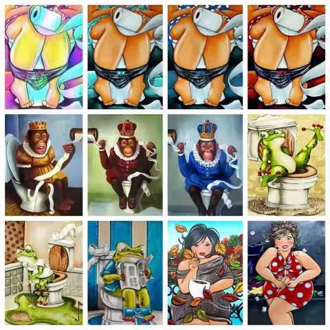 DIY Diamond Painting Toilet monkey Fat lady picture Diamond mosaic Full square_round Diamond Rhinest