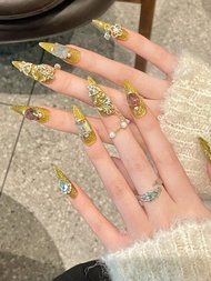 Golden Heavy Work Wearable Nail Crown Diamond Embellished Tassel New Year Festive Nails Art Pieces C