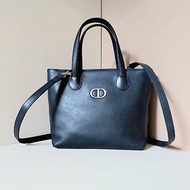 【LA LUNE】中古二手Dior深藍色皮革托特包單肩斜揹側背孭小手袋