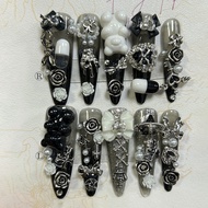 Cute Japanese Dark Jirai Long Tip Handmade Press On Nails Y2K Shibuya Spice Girl Fake Nails Bow Bear