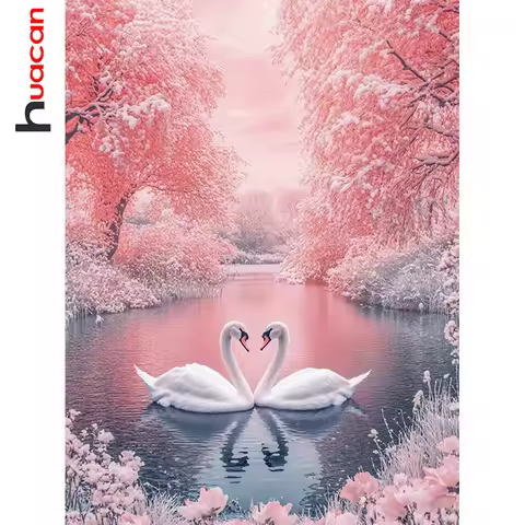 Huacan 5D DIY Diamond Painting Swan Lake Diamond Mosaic Animal Landsacape Complete Kit Picture Of Rh