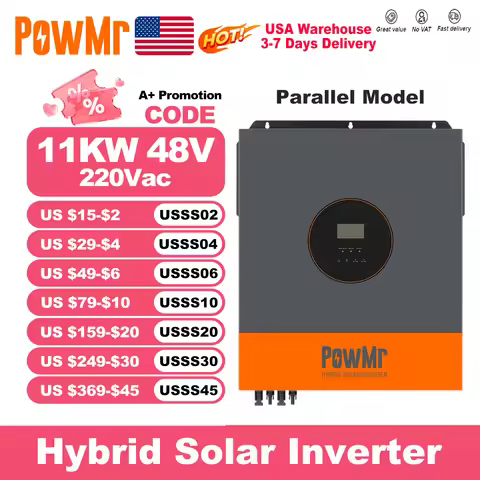 PowMr USA 11KW Hybrid Solar Inverters Parallel Model 48V to 220V Pure Sine Wave MPPT 160A Solar Char