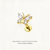 Nora Ana Gold Zircon Butterfly Threaded Stud Flatback Earring Titanium ASTM-F136 Surgical Implant Gr