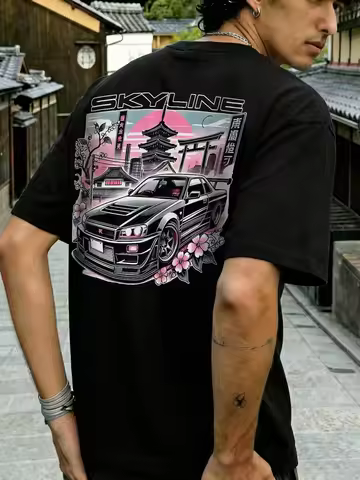 Fractyr Men's Fashionable Printed Loose Short Sleeve T-Shirt Exquisite Design Racing Car & Cherry Bl