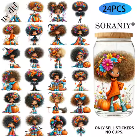 24PCS/Set Halloween Afro Girl Themed UV DTF DIY 16OZ Transfer Stickers Water Bottles Glass Bottles L