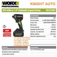 WORX WU298D 20V 60Nm 1/4" Hydraulic Impact Driver FULL SET (c/w 2x 2.0Ah; 1x 2A)