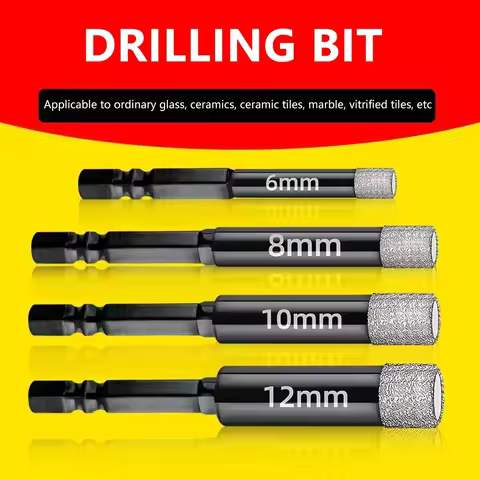 Set of 4 Hex Shank Brazed Dry Diamond Drill Bits for Ceramic Tile, Marble, Granite, and Vitrified St