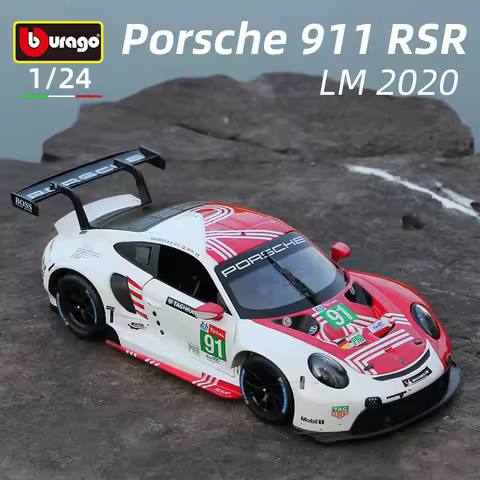 Bburago 1:24 Porsche 911 RSR White Alloy Car Model Sports Die Cast Vehicles Toys Diecast Voiture Gif