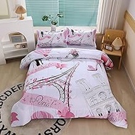 Romantic Pink Paris Style Comforter Set for Girls and Teens, Twin Size Sweet Couple Paris Tower Bedr