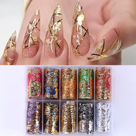 1Box-10pcs Golde Silver Aluminum Nail Foils Paper Nail Art Sticker Decals 3D Mesh Line DIY Design Ad
