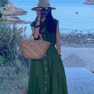法式綠色無袖連身裙 復古氣質長裙 夏季女裝 單排鈕扣設計- 綠色 S